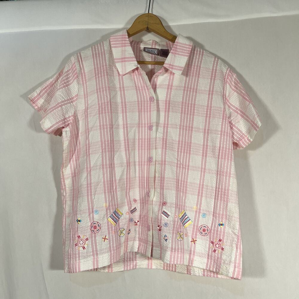 Premier International Women’s Medium Pink White Plaid Embroidered Button Shirt